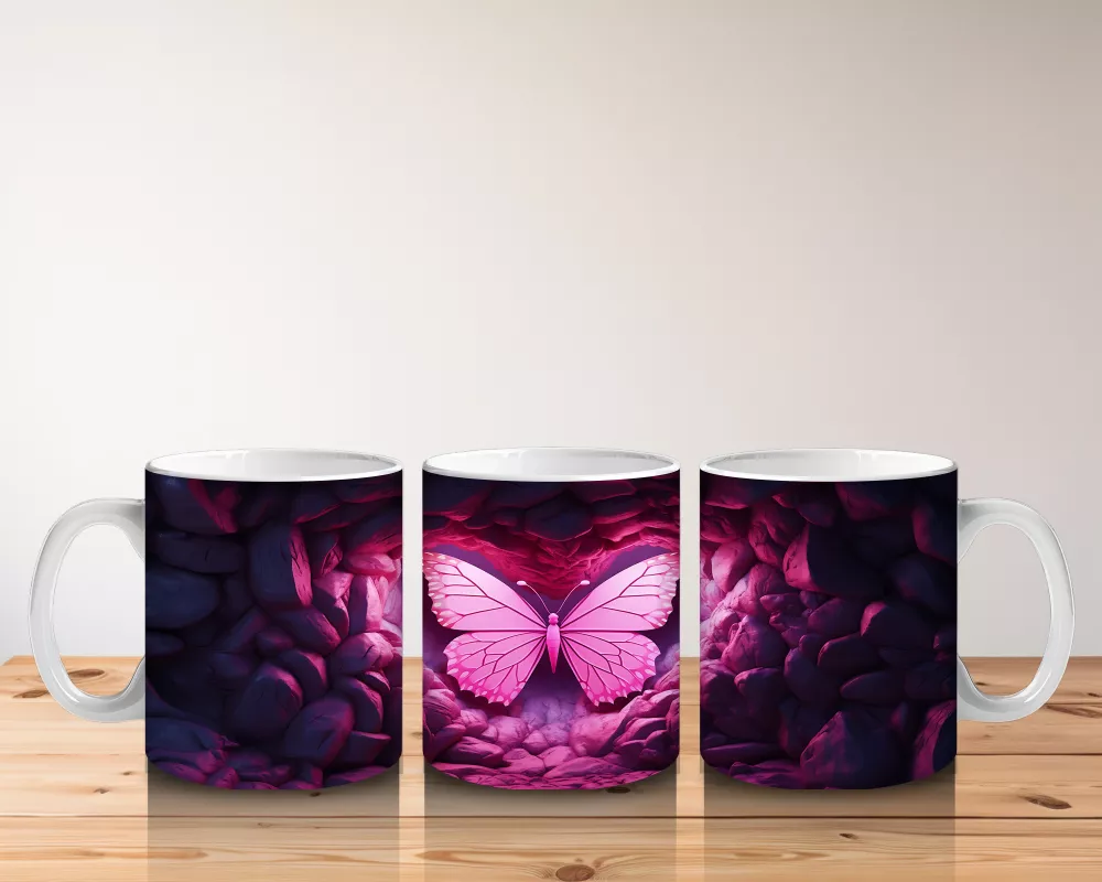 Kalpli Siyah Taşlar Üzerinde Pembe Kelebek – Baskılı Kahve Kupası - 5