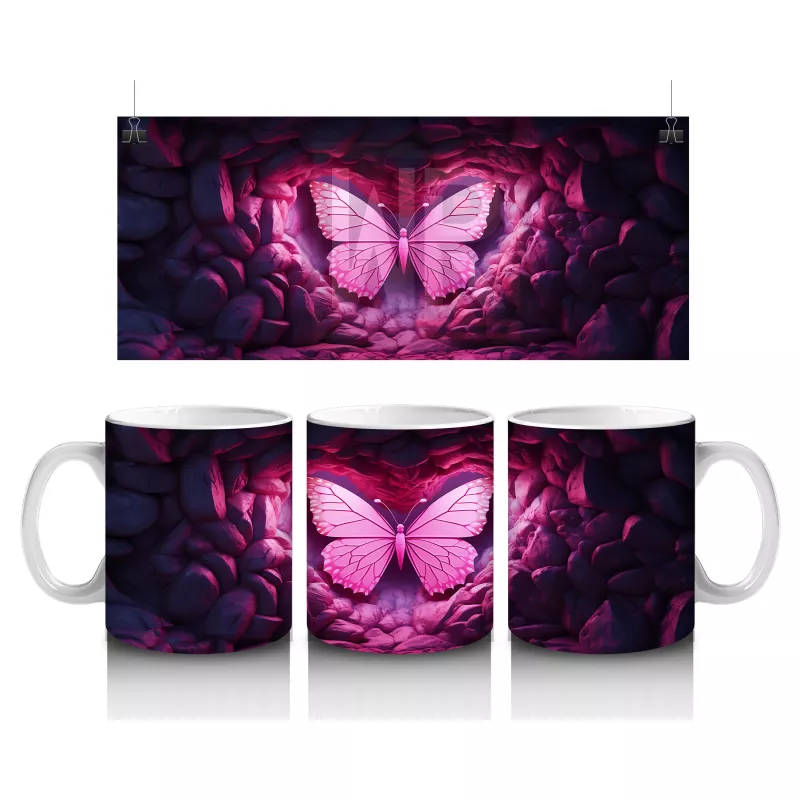 Kalpli Siyah Taşlar Üzerinde Pembe Kelebek – Baskılı Kahve Kupası