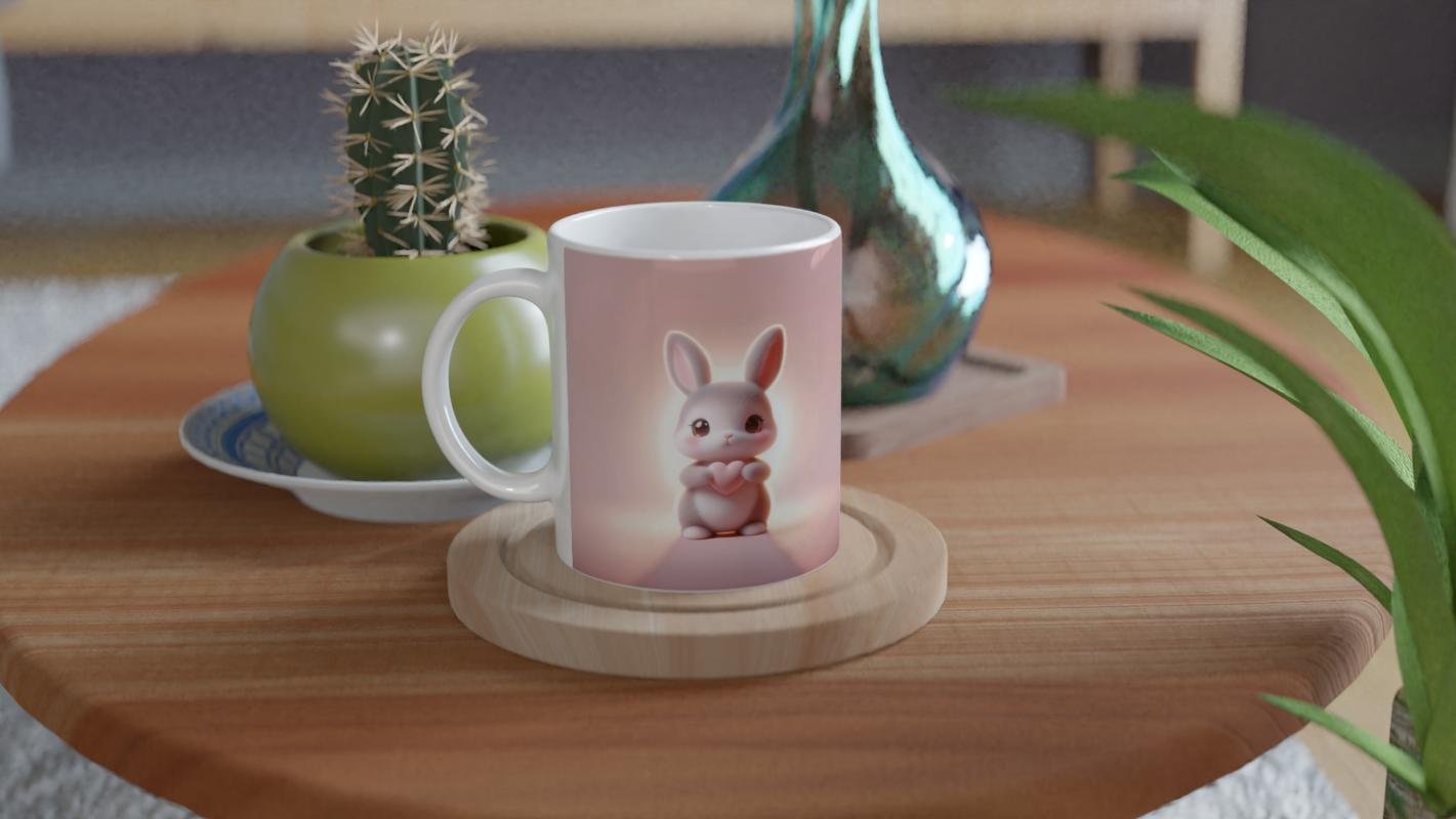 Kalpli Tavşan Figürlü Sevimli Pembe Temalı Baskılı Kupa Bardak - 4