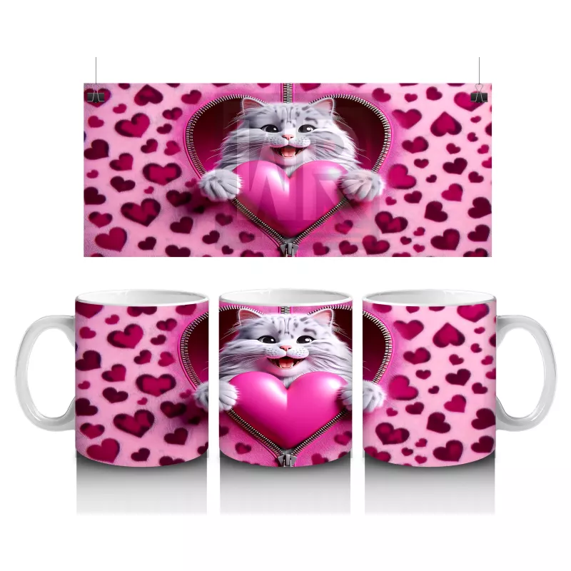 Kalpli Yastığa Sarılmış Gri Kedi – Baskılı Kahve Kupası