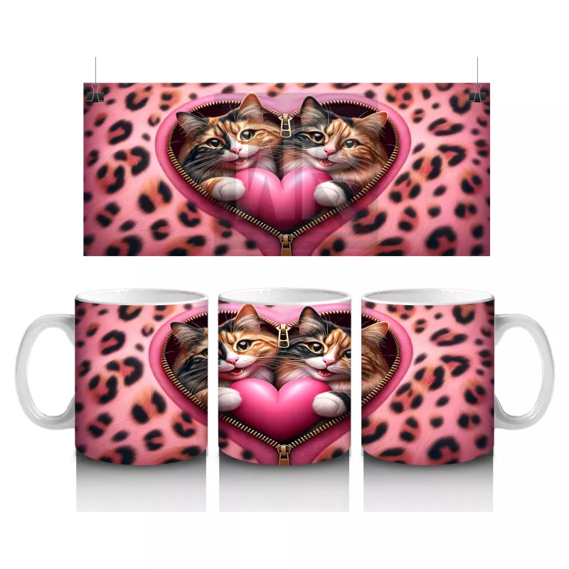 Kalpli Yastığa Sarılmış Sevimli Kedi Çifti – Baskılı Kahve Kupası