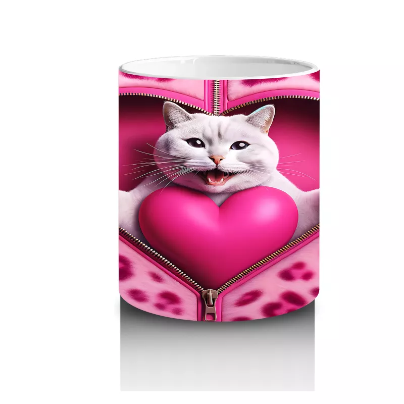 Kalpli Yastık Tutan Beyaz Kedi – Baskılı Kahve Kupası - 3