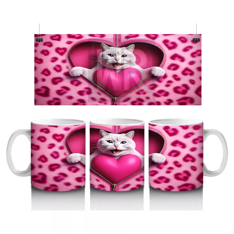 Kalpli Yastık Tutan Beyaz Kedi – Baskılı Kahve Kupası