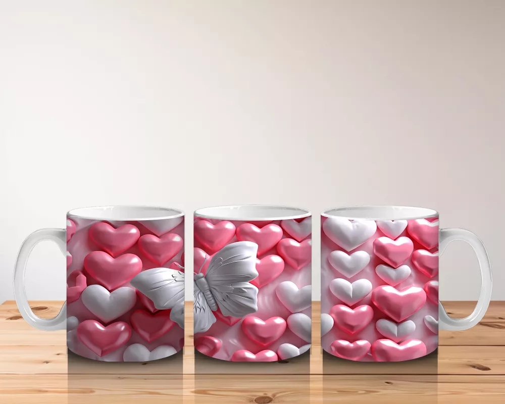 Kalpli Yastıklar Üzerinde Beyaz Kelebek – Baskılı Kahve Kupası - 5