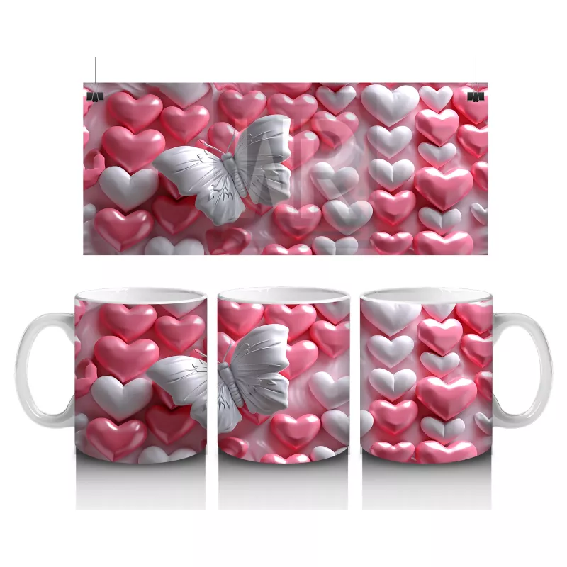 Kalpli Yastıklar Üzerinde Beyaz Kelebek – Baskılı Kahve Kupası