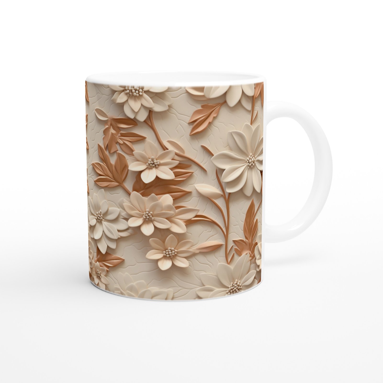 Karamel Tonlu Çiçek Desenli Kupa Bardak - 3