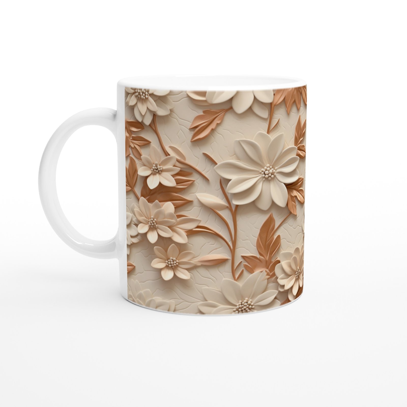 Karamel Tonlu Çiçek Desenli Kupa Bardak