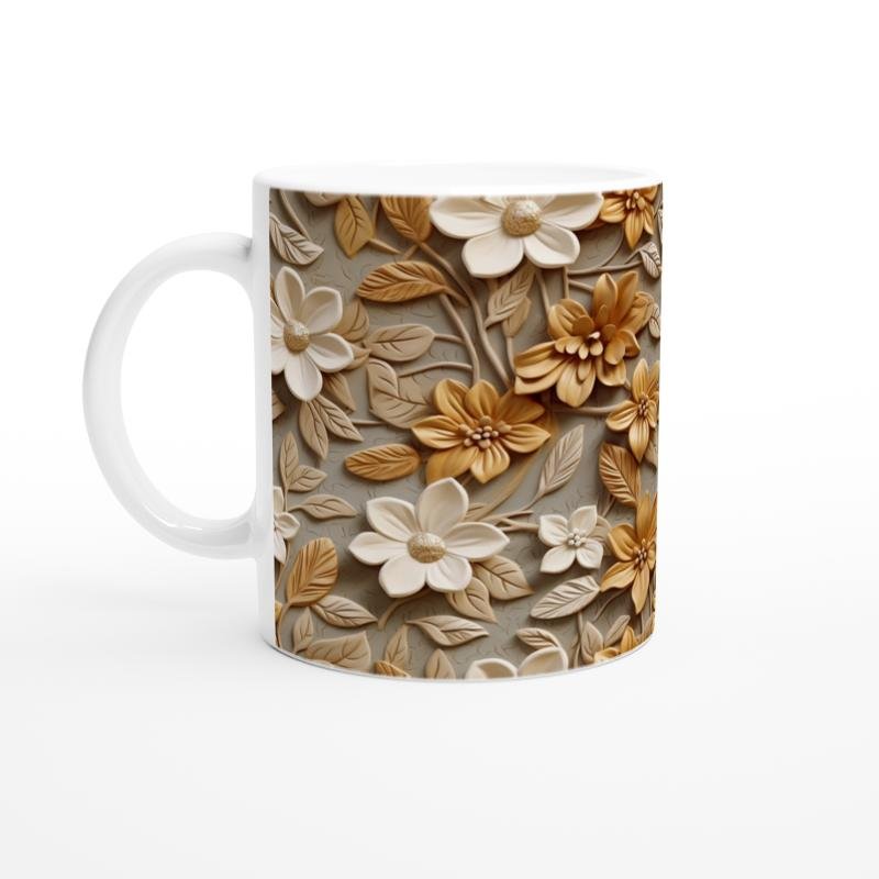 Karamel Vurgulu Rölyef Çiçek Desenli Kupa Bardak