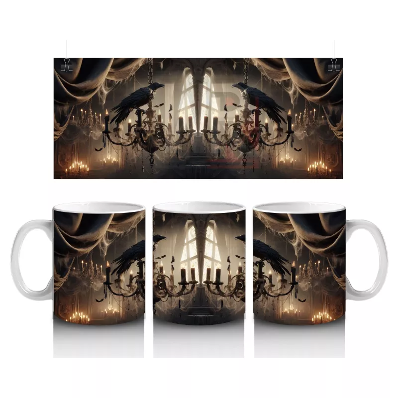 Karanlık Gotik Şapel İçinde Mumlar ve Kafataslarıyla Cadılar Bayramı Baskılı Kupa Bardak