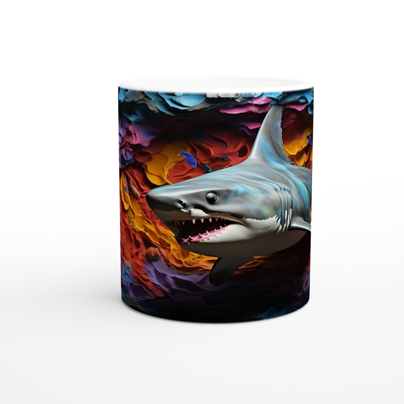 Karanlık Kayalıklar ve Ateş Renkli Mercanlar Arasında Köpekbalığı Su Altı Temalı Kupa Bardak