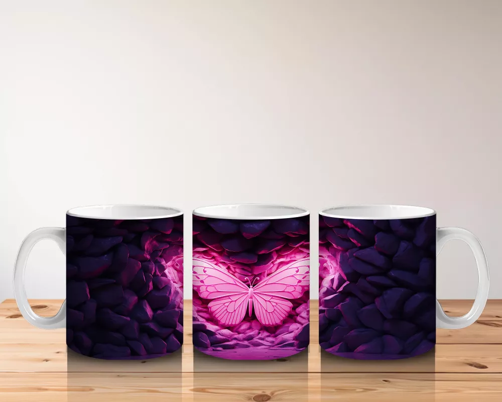 Karanlıkta Parlayan Pembe Kelebek - Baskılı Kahve Kupası - 5