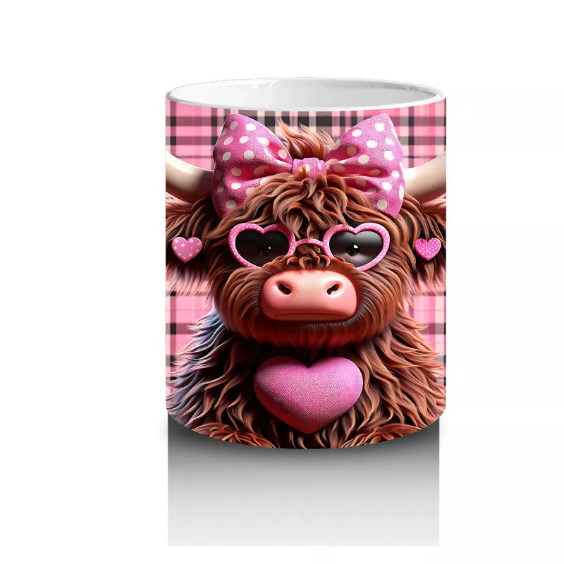 Kare Desenli Fon Üzerinde Kalpli Tatlı Boğa – Baskılı Kahve Kupası - 3