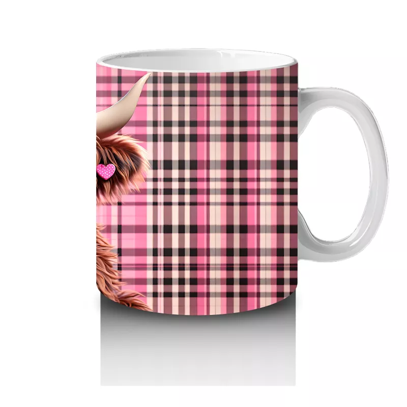 Kare Desenli Fon Üzerinde Kalpli Tatlı Boğa – Baskılı Kahve Kupası - 4