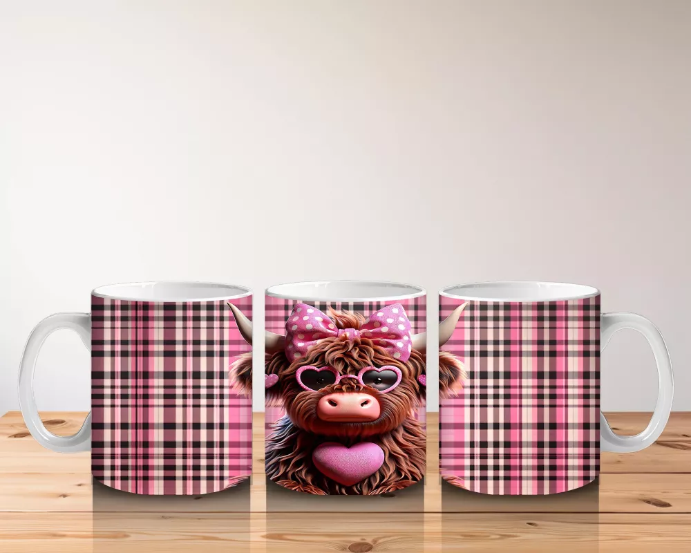 Kare Desenli Fon Üzerinde Kalpli Tatlı Boğa – Baskılı Kahve Kupası - 5