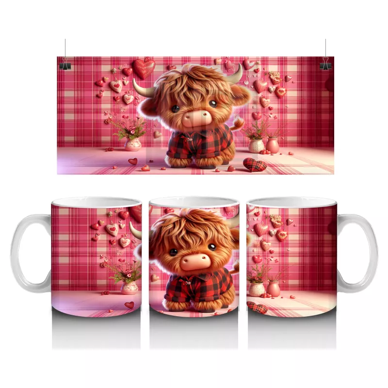 Kare Desenli Fon Üzerinde Romantik Boğa – Baskılı Kahve Kupası