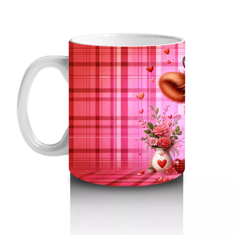 Kareli Arka Planda Çiçek Tutan Sevimli Buzağı – Baskılı Kahve Kupası - 2