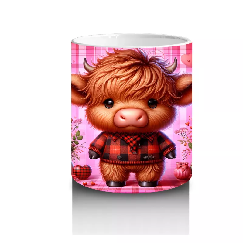 Kareli Arka Planda Çiçek Tutan Sevimli Buzağı – Baskılı Kahve Kupası - 3