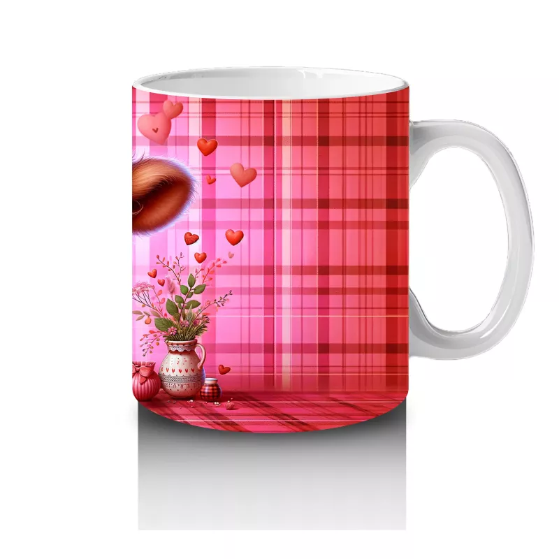 Kareli Arka Planda Çiçek Tutan Sevimli Buzağı – Baskılı Kahve Kupası - 4