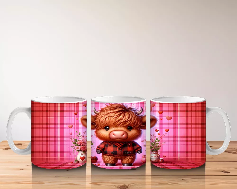 Kareli Arka Planda Çiçek Tutan Sevimli Buzağı – Baskılı Kahve Kupası - 5