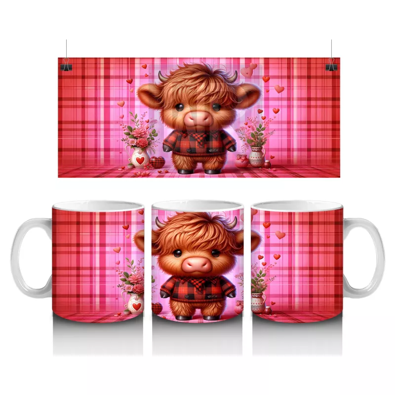 Kareli Arka Planda Çiçek Tutan Sevimli Buzağı – Baskılı Kahve Kupası