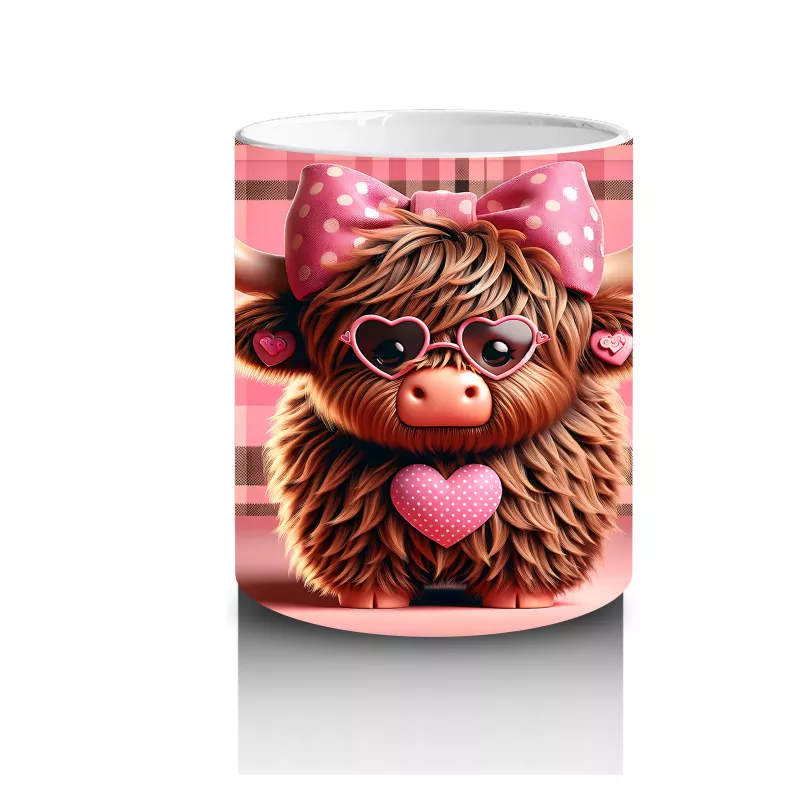 Kareli Fon Önünde Kalp Tutan Tatlı Buzağı – Baskılı Kahve Kupası - 3