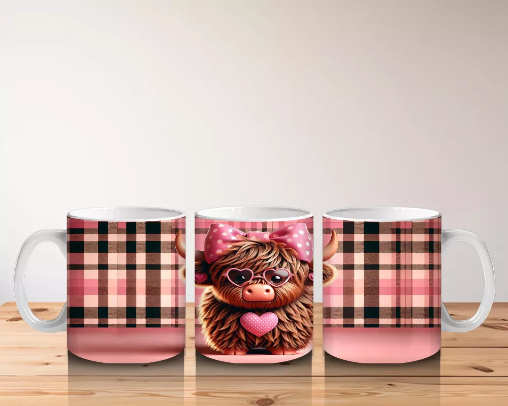 Kareli Fon Önünde Kalp Tutan Tatlı Buzağı – Baskılı Kahve Kupası - 5