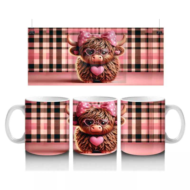 Kareli Fon Önünde Kalp Tutan Tatlı Buzağı – Baskılı Kahve Kupası