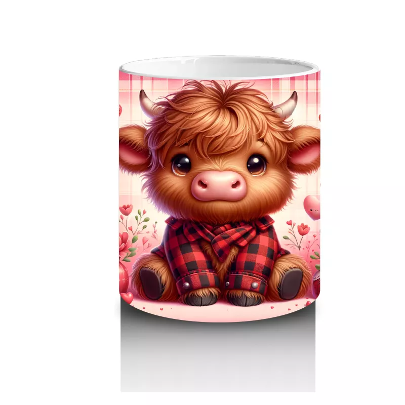 Kareli Pembe Arka Planda Oturan Tatlı Buzağı – Baskılı Kahve Kupası - 3