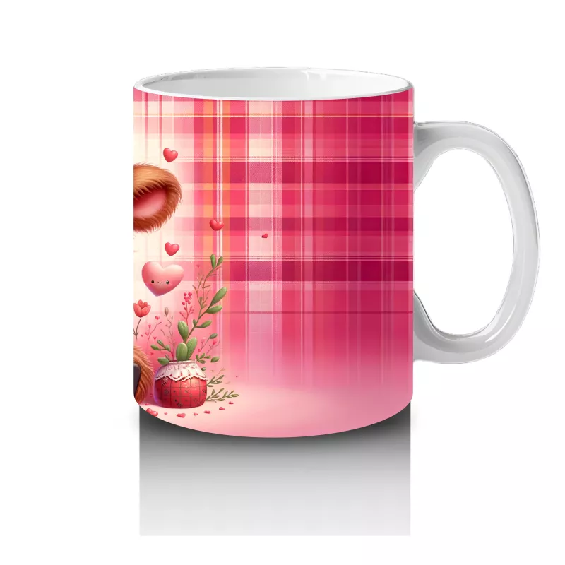 Kareli Pembe Arka Planda Oturan Tatlı Buzağı – Baskılı Kahve Kupası - 4