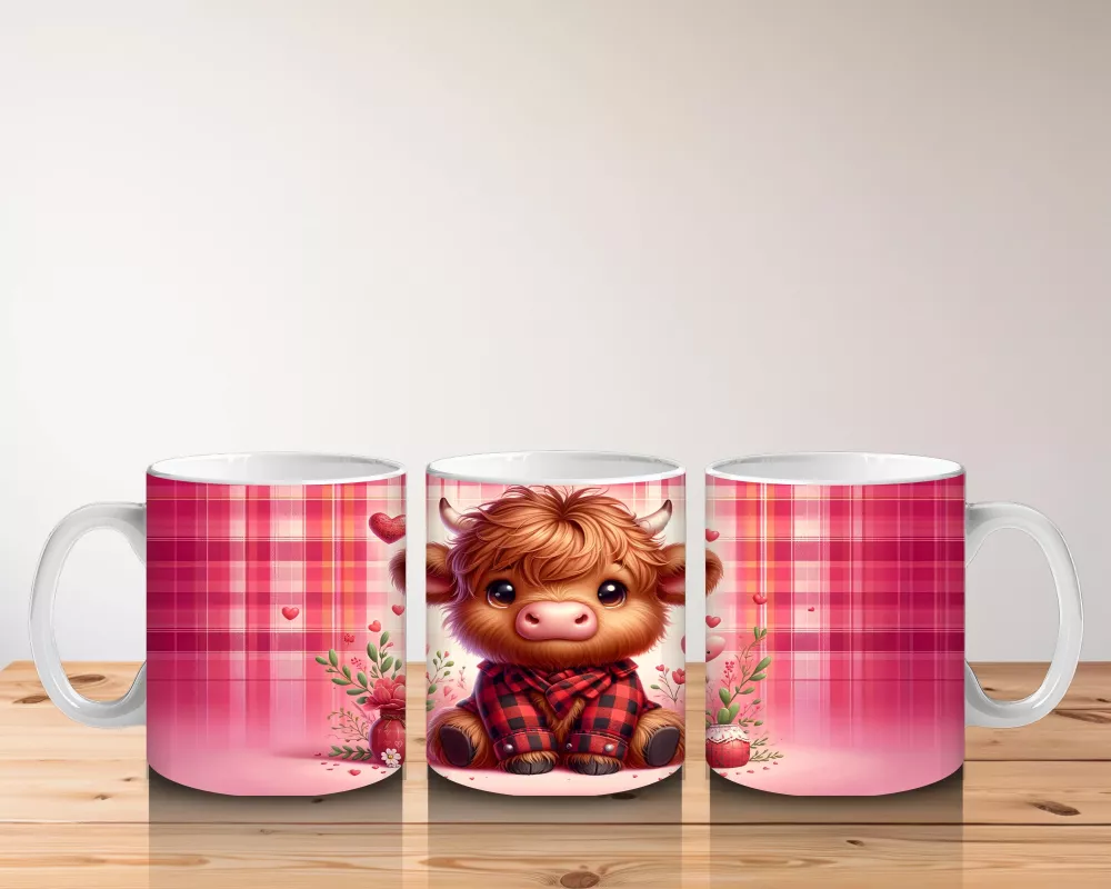 Kareli Pembe Arka Planda Oturan Tatlı Buzağı – Baskılı Kahve Kupası - 5