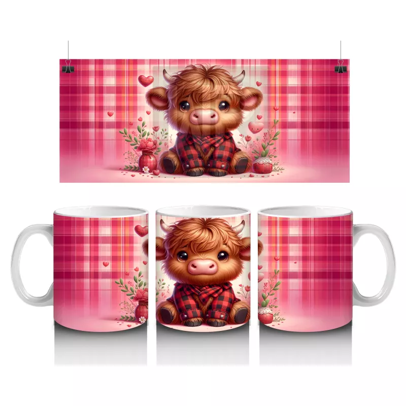 Kareli Pembe Arka Planda Oturan Tatlı Buzağı – Baskılı Kahve Kupası