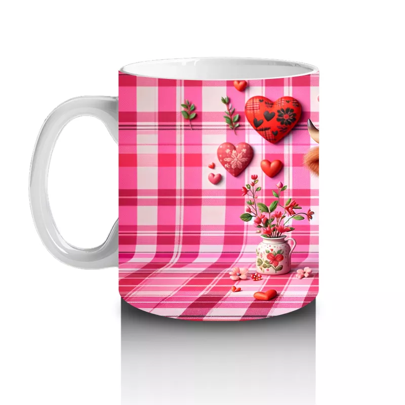 Kareli Pembe Fon ve Kalpli Buzağı – Baskılı Kupa Bardak - 2