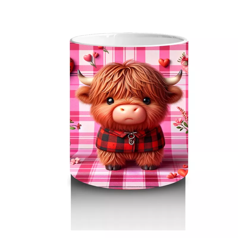 Kareli Pembe Fon ve Kalpli Buzağı – Baskılı Kupa Bardak - 3