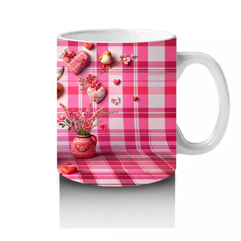 Kareli Pembe Fon ve Kalpli Buzağı – Baskılı Kupa Bardak - 4