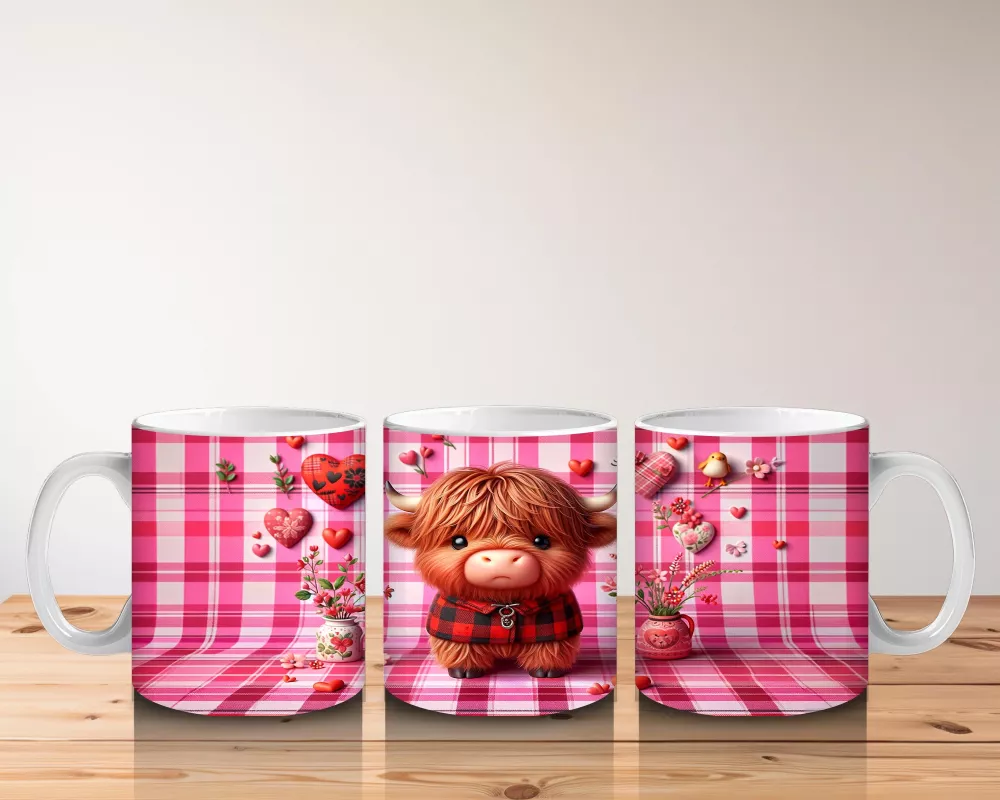 Kareli Pembe Fon ve Kalpli Buzağı – Baskılı Kupa Bardak - 5