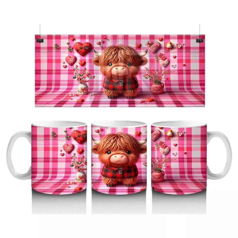 Kareli Pembe Fon ve Kalpli Buzağı – Baskılı Kupa Bardak