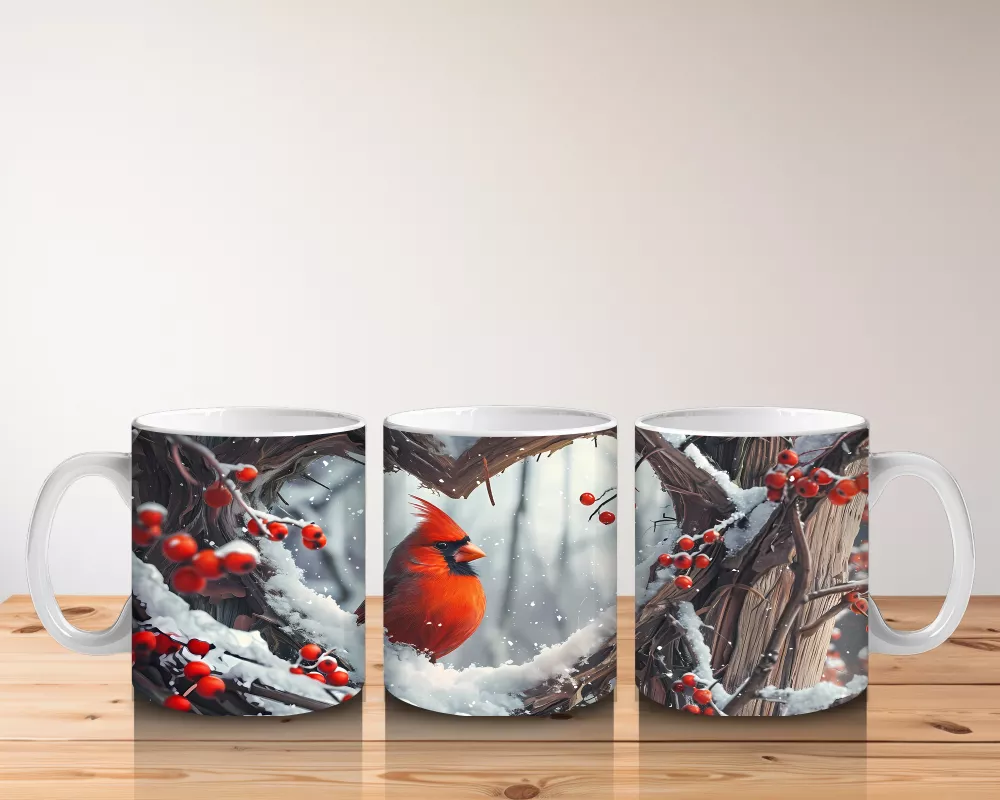 Karla Kaplı Dallar Üzerinde Kardinal Kuşu – Baskılı Kahve Kupası - 5