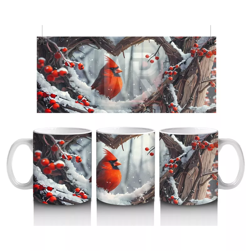 Karla Kaplı Dallar Üzerinde Kardinal Kuşu – Baskılı Kahve Kupası