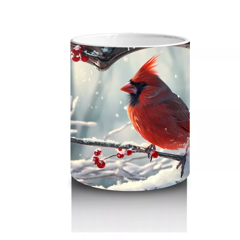 Karla Kaplı Dallarda Kırmızı Kardinal – Baskılı Kupa - 3