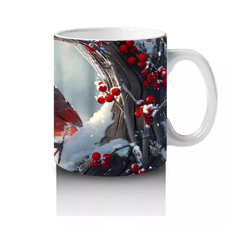 Karla Kaplı Dallarda Kırmızı Kardinal – Baskılı Kupa - 4