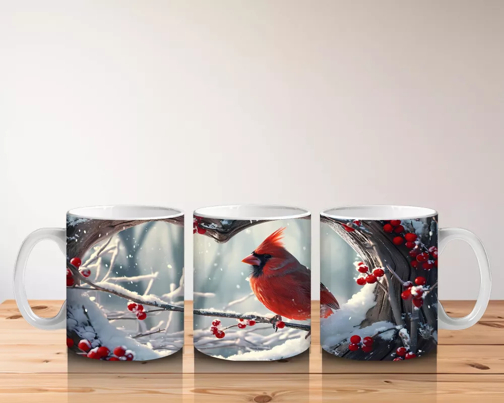 Karla Kaplı Dallarda Kırmızı Kardinal – Baskılı Kupa - 5