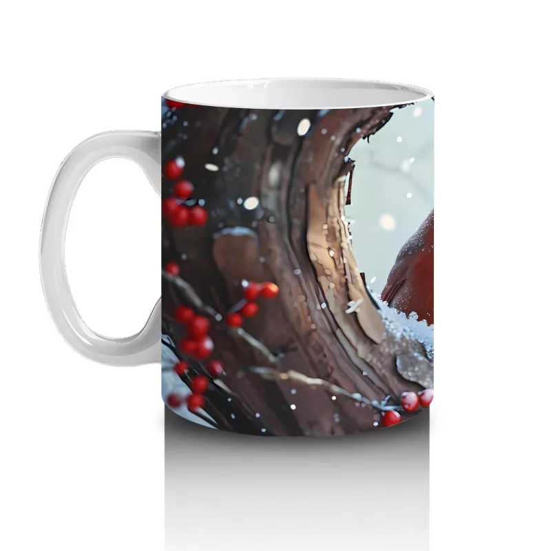 Karlarla Kaplı Ağaç Dallarında Kırmızı Kardinal – Baskılı Kahve Kupası - 2