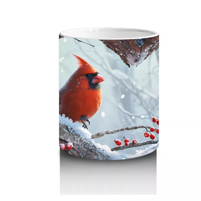 Karlarla Kaplı Ağaç Dallarında Kırmızı Kardinal – Baskılı Kahve Kupası - 3