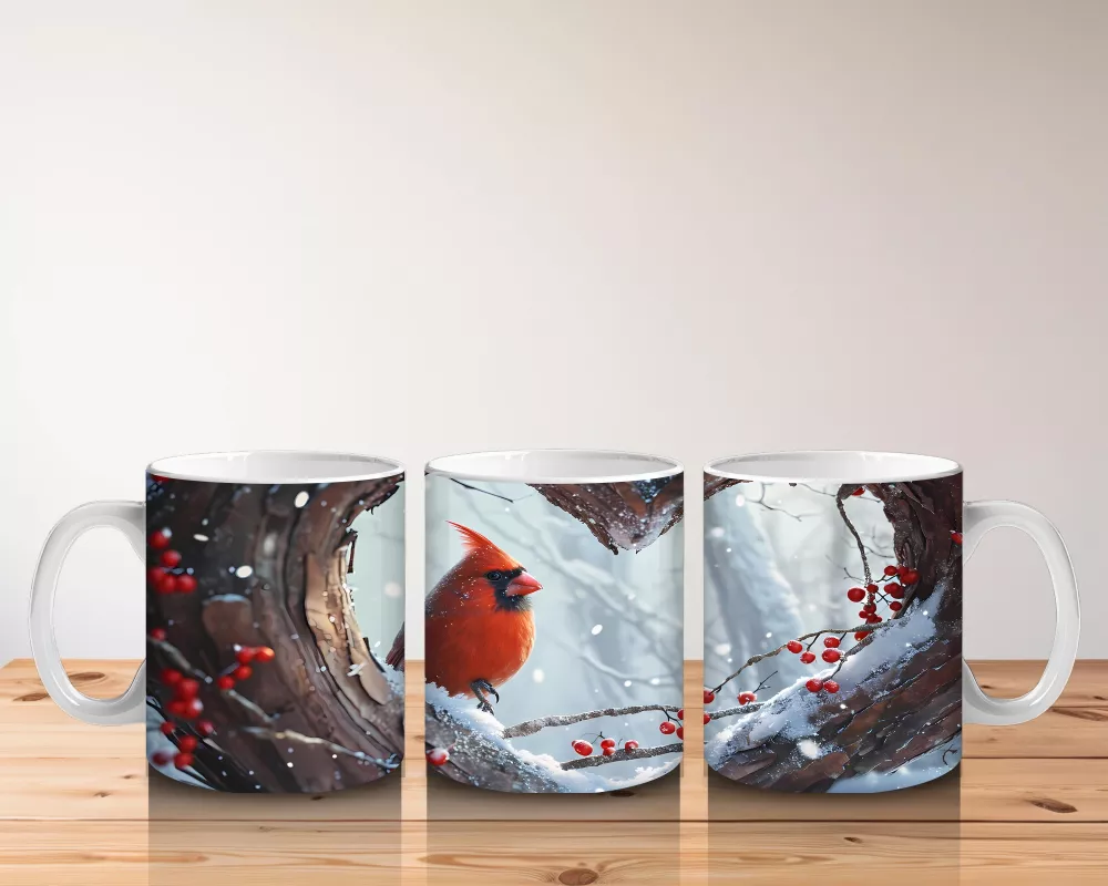 Karlarla Kaplı Ağaç Dallarında Kırmızı Kardinal – Baskılı Kahve Kupası - 5