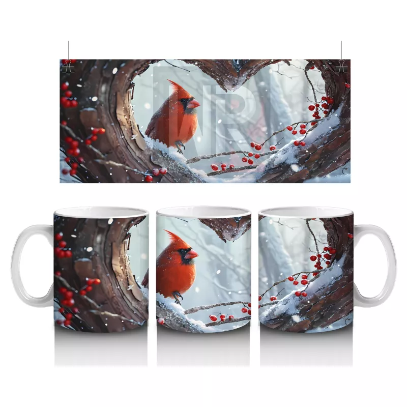 Karlarla Kaplı Ağaç Dallarında Kırmızı Kardinal – Baskılı Kahve Kupası