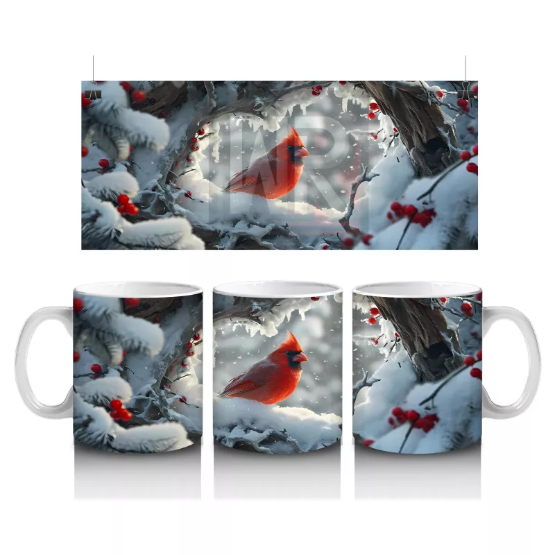 Karlı Arka Planda Aşk Temalı Kardinal Kuşları - Baskılı Kahve Kupası