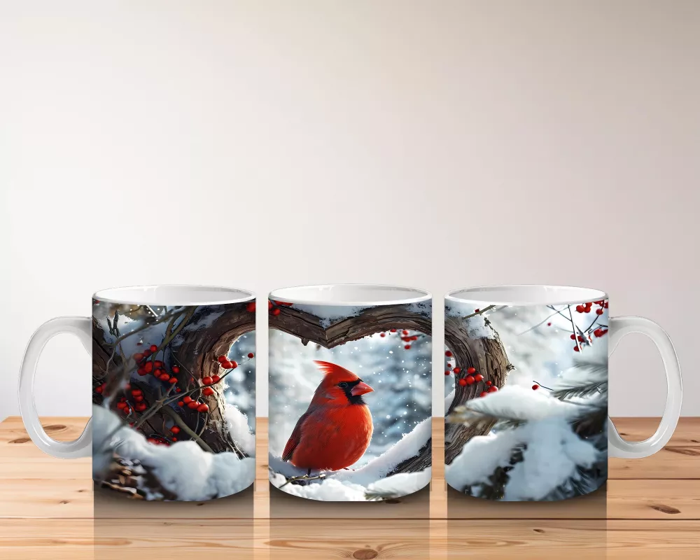 Karlı Dallar Arasında Duran Kırmızı Kardinal – Baskılı Kahve Kupası - 5