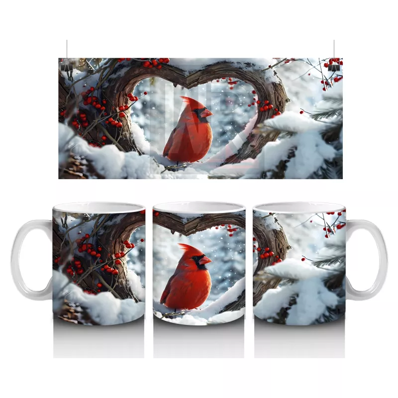Karlı Dallar Arasında Duran Kırmızı Kardinal – Baskılı Kahve Kupası