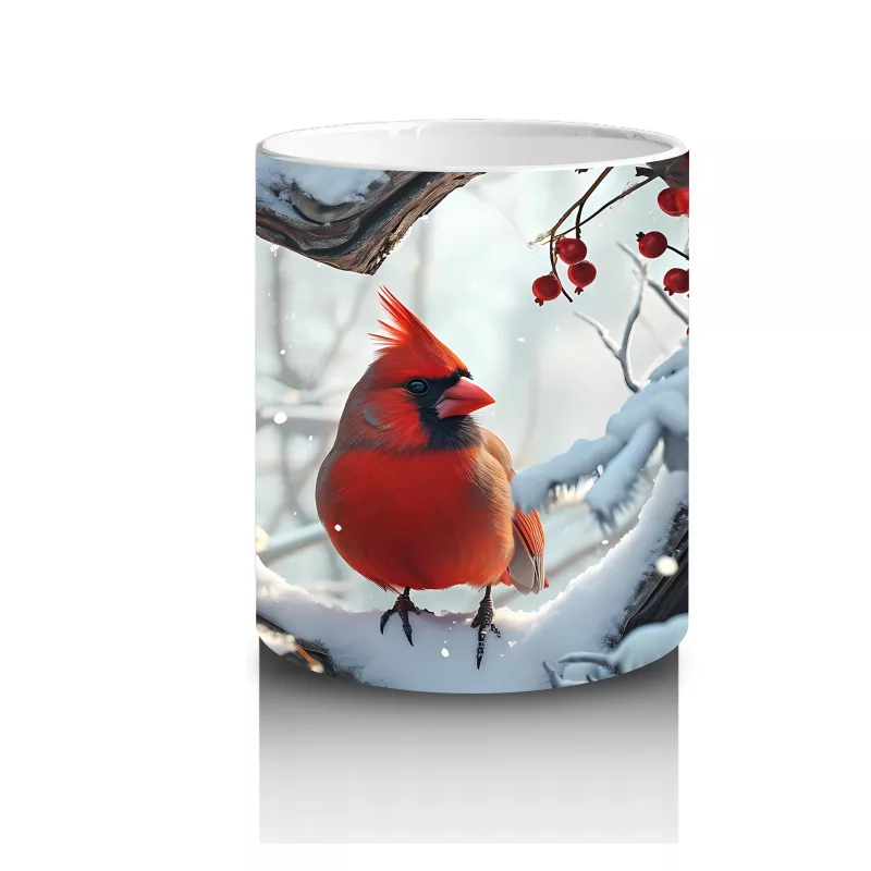 Karlı Dallar Üzerinde Kırmızı Kardinal Kuş – Baskılı Kahve Kupası - 3