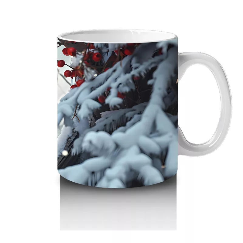 Karlı Dallar Üzerinde Kırmızı Kardinal Kuş – Baskılı Kahve Kupası - 4